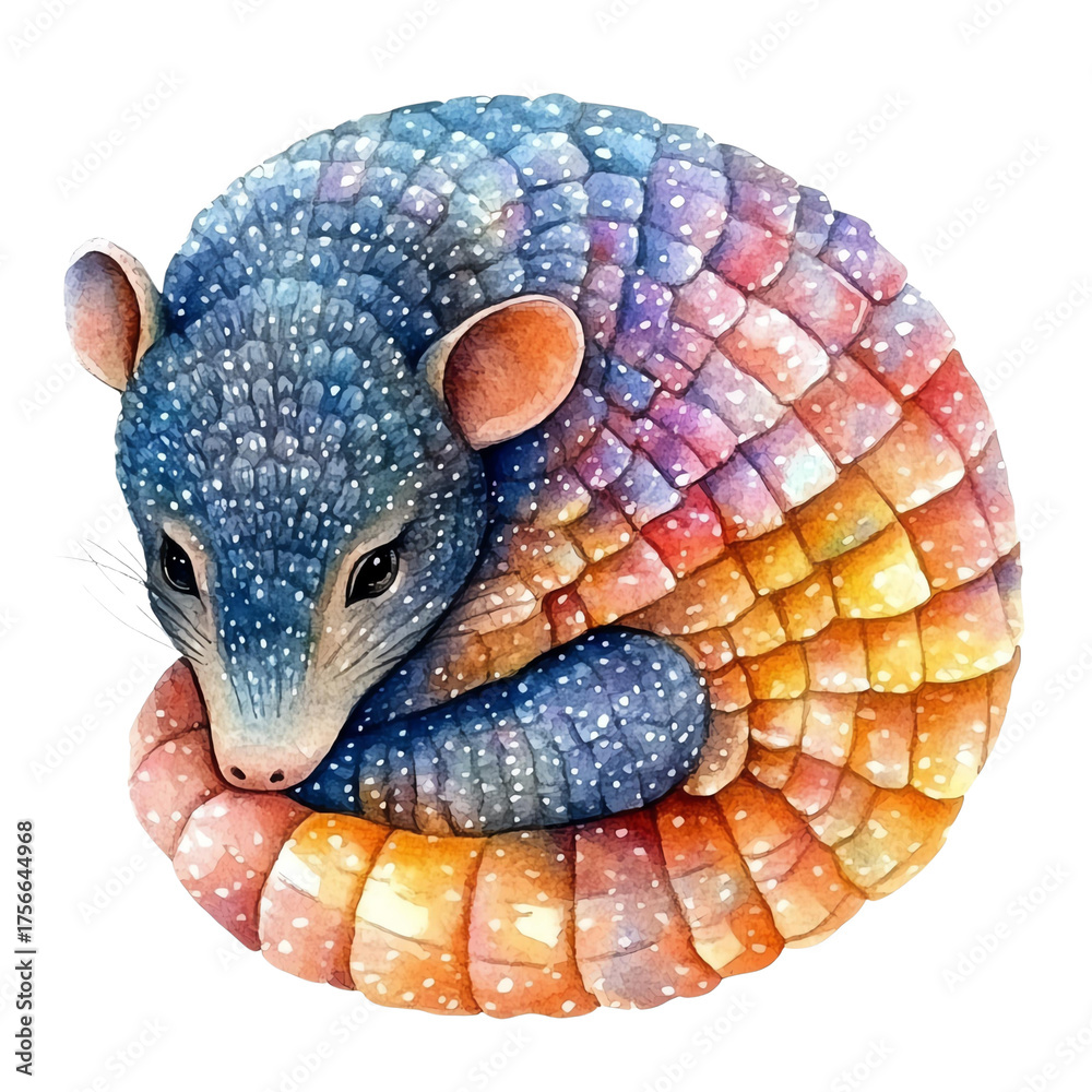 Obraz premium A beautifully illustrated armadillo curled up in a colorful, detailed pattern, showcasing artistic talent.