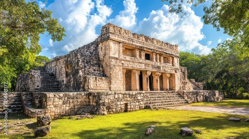 Ancient stone building with columns, steps, lush trees, and vibrant blue sky