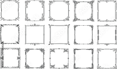 Set of elegant hand-drawn square border frames with classic swirl and floral details. Vintage decorative vector illustration and ornamental  collection