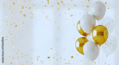 Balloons with gold confetti floating in the air on a bright soft background. Perfect for celebrations, parties, or festive designs