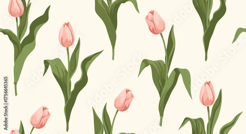 A gentle pattern of delicate pink tulips with vibrant green leaves on a creamy background.