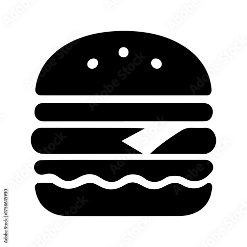 Simple black silhouette icon of a classic cheeseburger with sesame seeds on the bun representing fast food and american cuisine