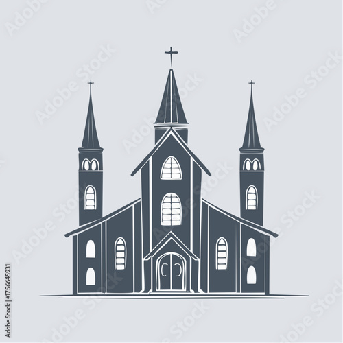 Handdrawn style illustration of a traditional church with three spires and crosses.