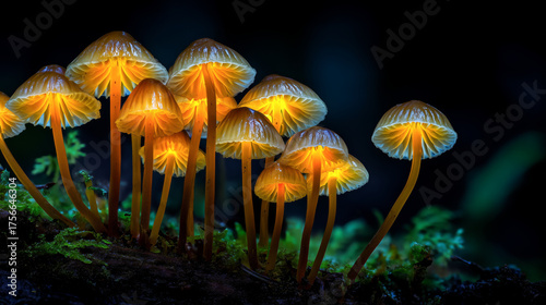 Magical cluster of glowing bioluminescent mushrooms in a dark, enchanted forest