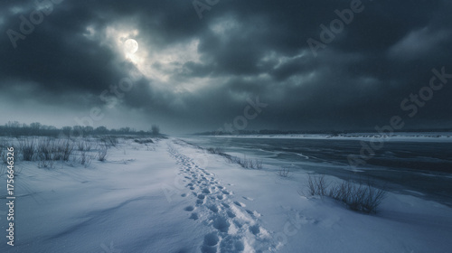Moody and dramatic winter night landscape with footprints in the snow along a frozen river under a full moon
