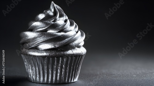 Metallic silver cupcake with swirled frosting on a dark background.