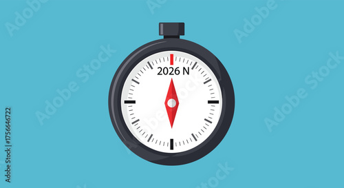 Compass pointing north towards the year 2026, symbolizing future planning and navigation in a minimalist style, conveying a sense of direction and anticipation.