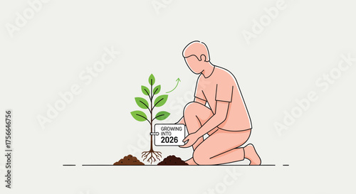 Man plants a young tree in the garden, symbolizing growth and environmental responsibility, representing a hopeful future.