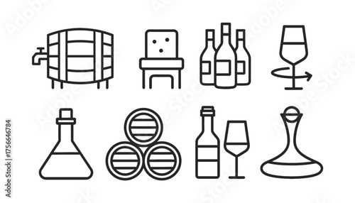 Minimalist Line Art Vector Icon Set of Wine Production, Oenology, and Tasting Equipment, featuring Barrels, Bottles, Glasses, and Decanters.
