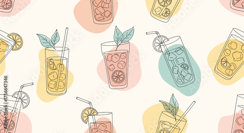 Abstract pastel fruity drinks and shapes pattern.