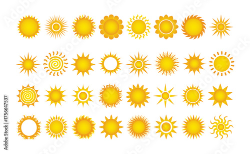 Unique Sun Illustrations. Sun icon set. Yellow sun star icons collection. Summer, sunlight, nature, sky. Vector Design Collection. Vector illustration isolated on white background