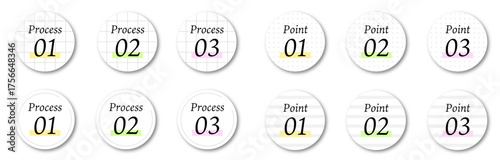 Process／Point ラベルのナンバーアイコンセット（丸型・英語・モノトーン背景・英数字）