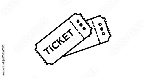 Two movie tickets isolated on transparent background, black and white line art illustration