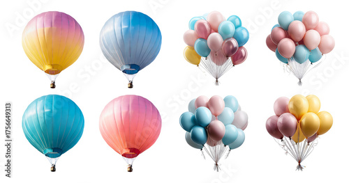 Colorful Hot Air Balloons and Delicate Balloon Bunches Collection, Bundle Set Collection, Isolated on Transparent Background