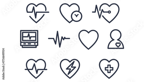 Minimalist Line Art Vector Icon Set for Cardiology, Heart Health, Medical Care, and Vital Signs Monitoring, featuring EKG, Pulse, and Health Symbols.