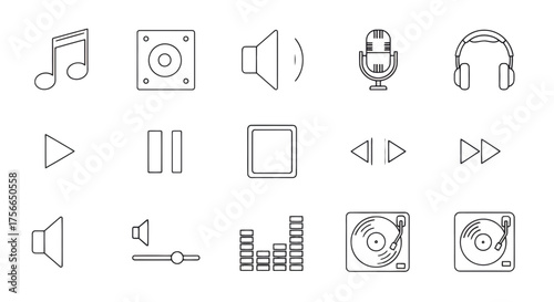 Vector  collection of outlined media icons including music note, speaker, microphone and turntable