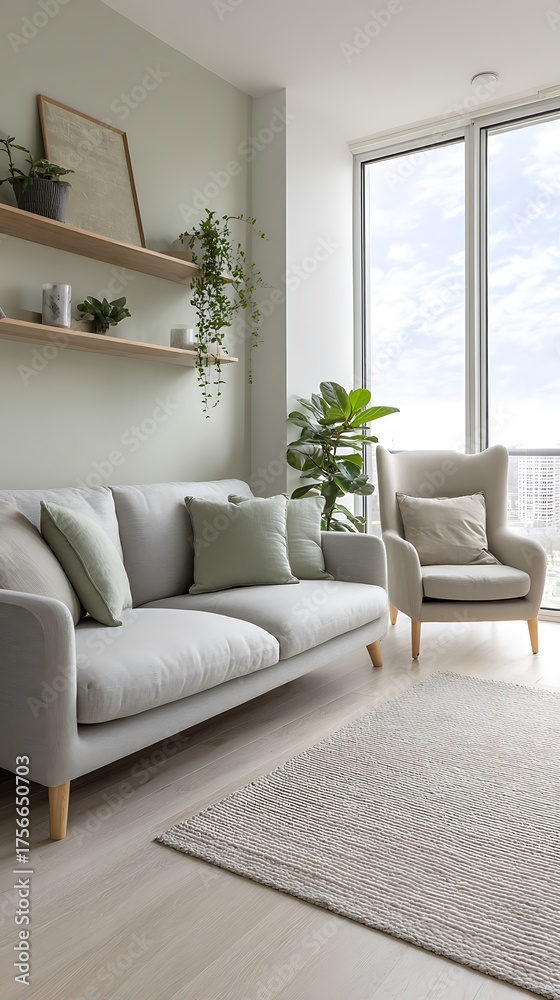 Fototapeta premium Serene Living Room with Neutral Palette, Plants, and Large Window View