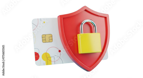 Credit card with red shield and lock icon for security concept isolated on transparent background