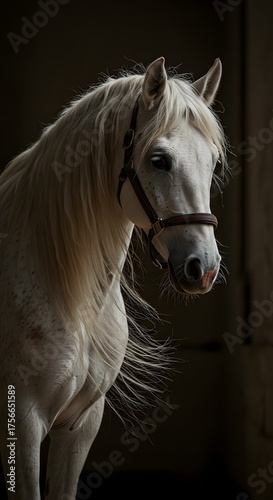White Horse with Long Mane and Bridle