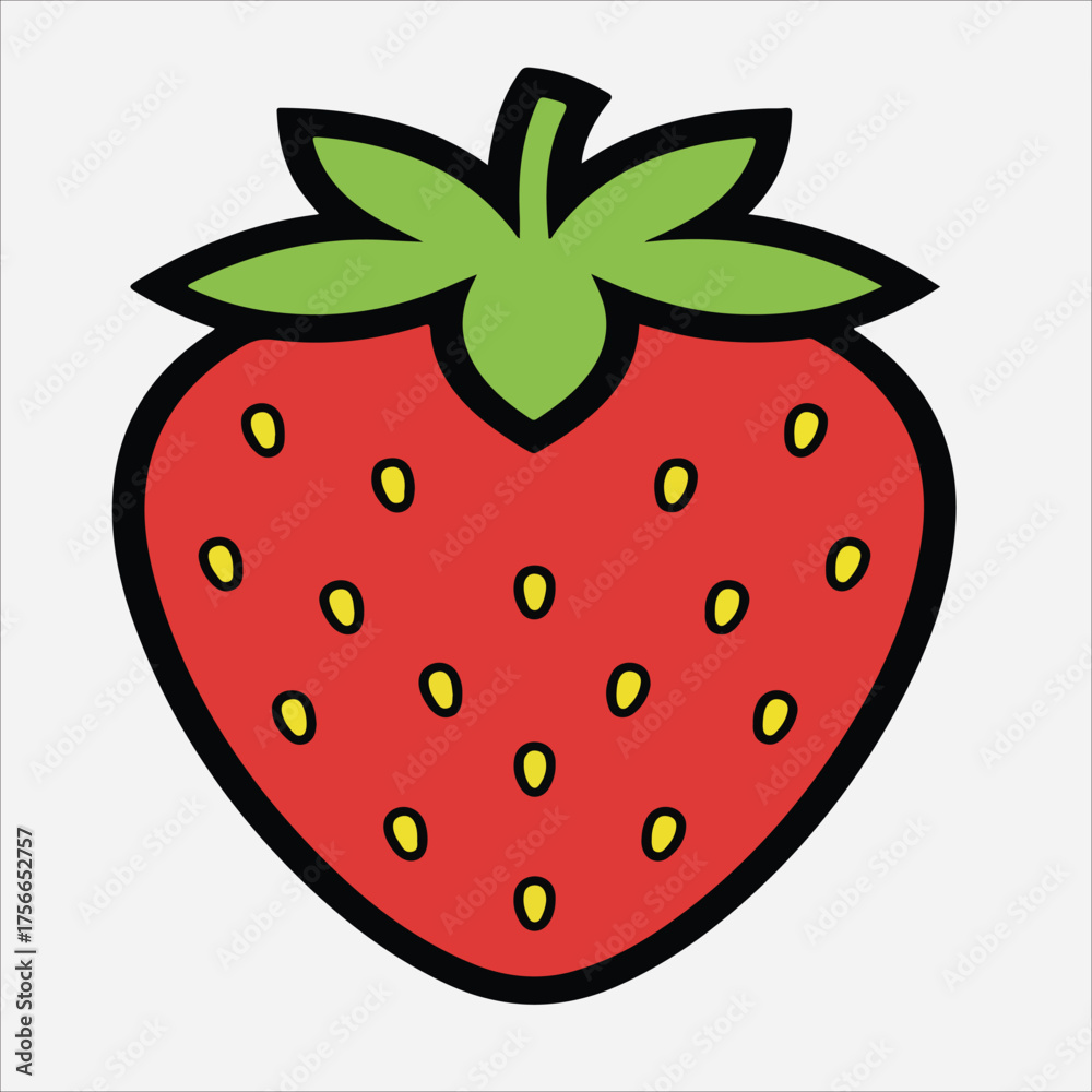 Obraz premium Stylized Strawberry Illustration with Black Outline and Yellow Seeds on Red Body.
