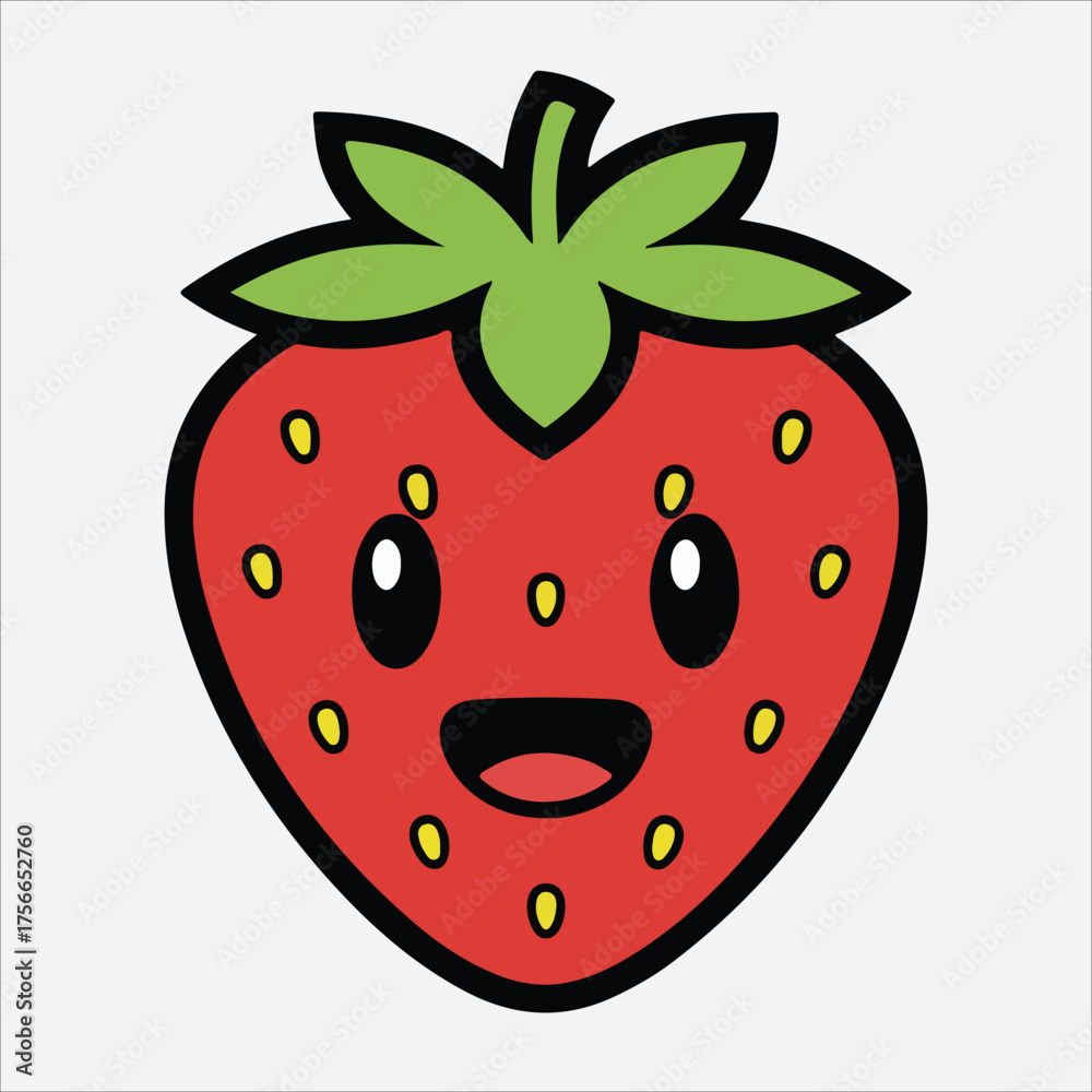 Obraz premium Cheerful Cartoon Strawberry with Smiling Face and Green Leaves Vector Illustration.