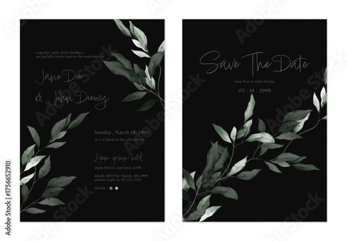 Wedding invitation and save the date template set with a minimalist design and clusters of watercolor-style green and dark grey leaves and branches framing the edges on a black background