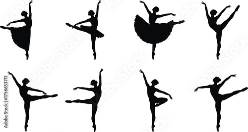 Elegant ballerina dancing silhouette collection, ballet performance poses, classical dance movement, graceful woman dancer art, professional ballet illustration, black vector