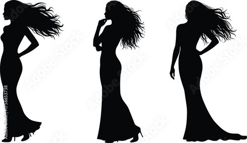 Elegant woman silhouette in long flowing dress, fashion model pose, feminine beauty illustration, black vector outline, graceful hairstyle art