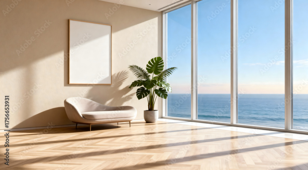 Fototapeta premium Minimalist coastal corner with wooden chair and blank frame