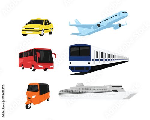 Set pf public transportation. Taxi, airplane, bus, train, tuktuk, and cruise ship. Flat geometric vector illustration.