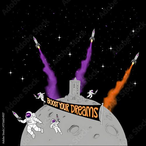 Whimsical Space Illustration with Astronauts and Motivational Banner on the Moon