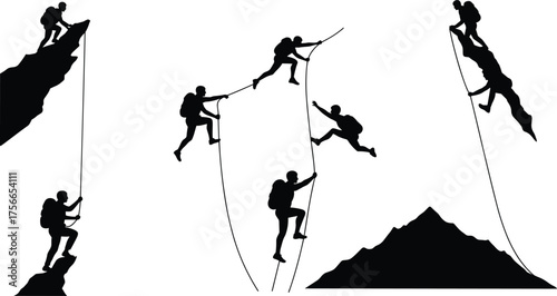Rock climbing silhouette vector illustration, teamwork adventure on steep cliff, extreme mountaineering challenge, rope climbers, mountain ascent concept, outdoor sport design