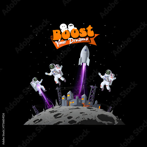 Whimsical Space Illustration with Astronauts and Motivational Banner on the Moon