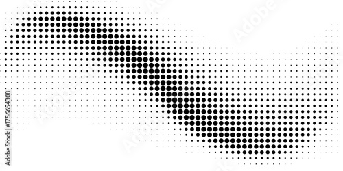 Black halftone dot wave pattern. Abstract grain fluid texture. Dotted curve wallpaper. Grit undulate swoosh overlay for poster, banner, brochure, flyer, leaflet, brochure. Vector rasterized background