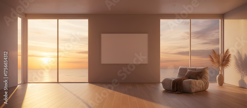 Luxury modern living room with ocean sunset view and fireplace