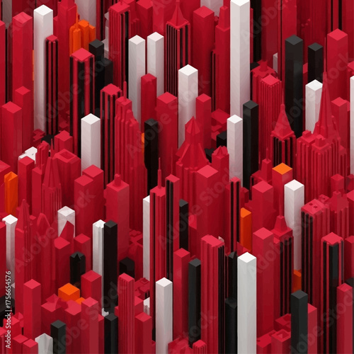 Abstract city skyline with red, white, and black skyscrapers  