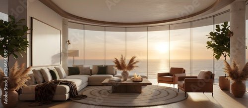 Luxury modern living room with ocean sunset view and fireplace