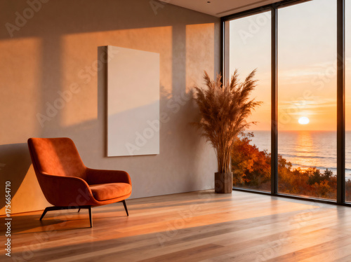 Luxury modern living room with ocean sunset view and fireplace