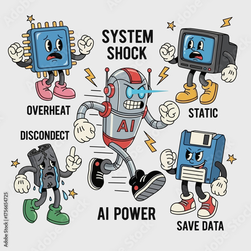 Cartoon robot and computer characters experiencing system shock  