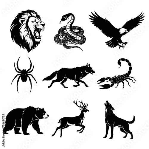 Animal silhouettes including lion, snake, eagle, bear, and more  
