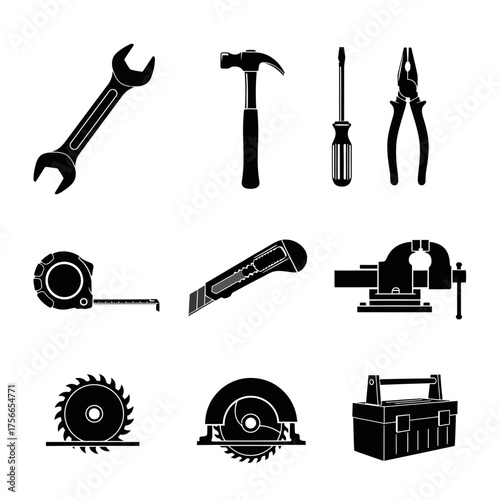 Tools and equipment collection for home improvement in black silhouette  