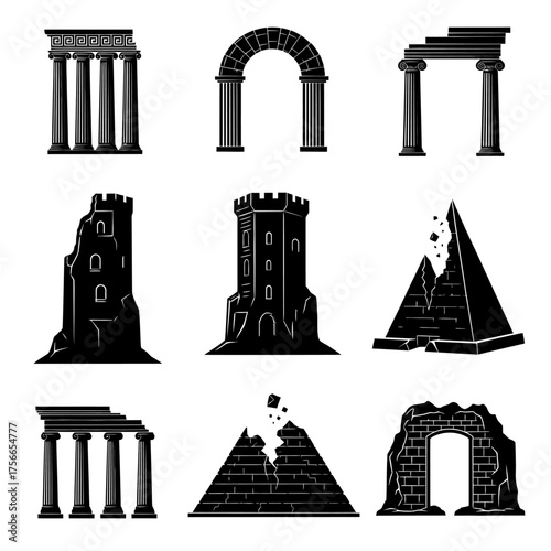 Ancient architectural structures in black silhouette style  