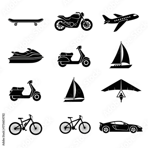 Various modes of transportation including bicycles, cars, and boats  