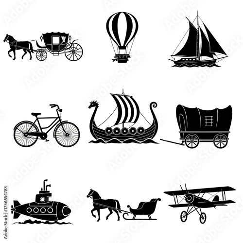 Vintage transportation icons including carriage, bicycle, and plane  