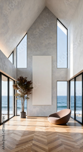 Modern triangular oceanview interior with lounge chair and plant