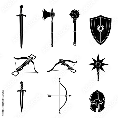 Historical weapons and armor icons in black silhouette style  