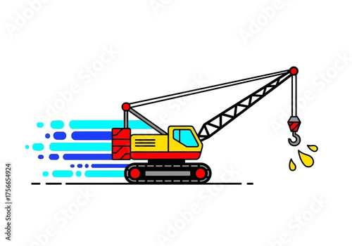 Construction crane with hook moving quickly in vibrant style  