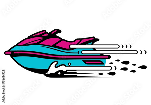 Colorful jet ski speeding through water with motion lines  