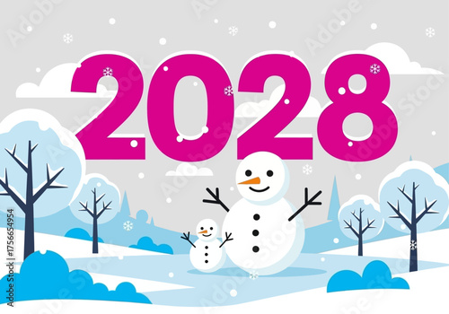 New Year's 2028 celebration with snowman in winter landscape  