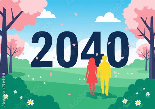 Illustration of couple walking in spring landscape with number 2040  